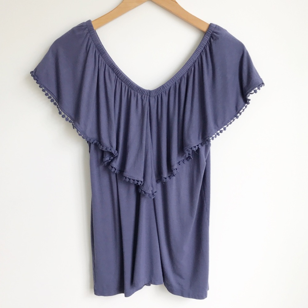 PLEIONE Blue Flounce V-Neck Back Ruffles Top Sz M